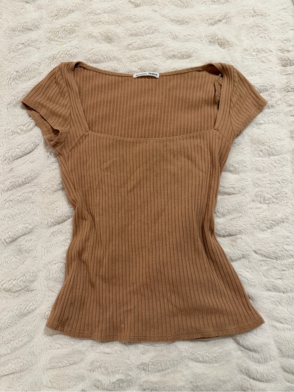 Reformation Bardot Ribbed Square-Neck Short Sleeve Top - Tan